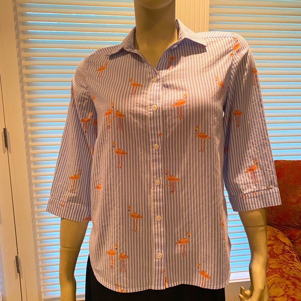 Chico’s Seersucker Blue & White Striped Summer Blouse